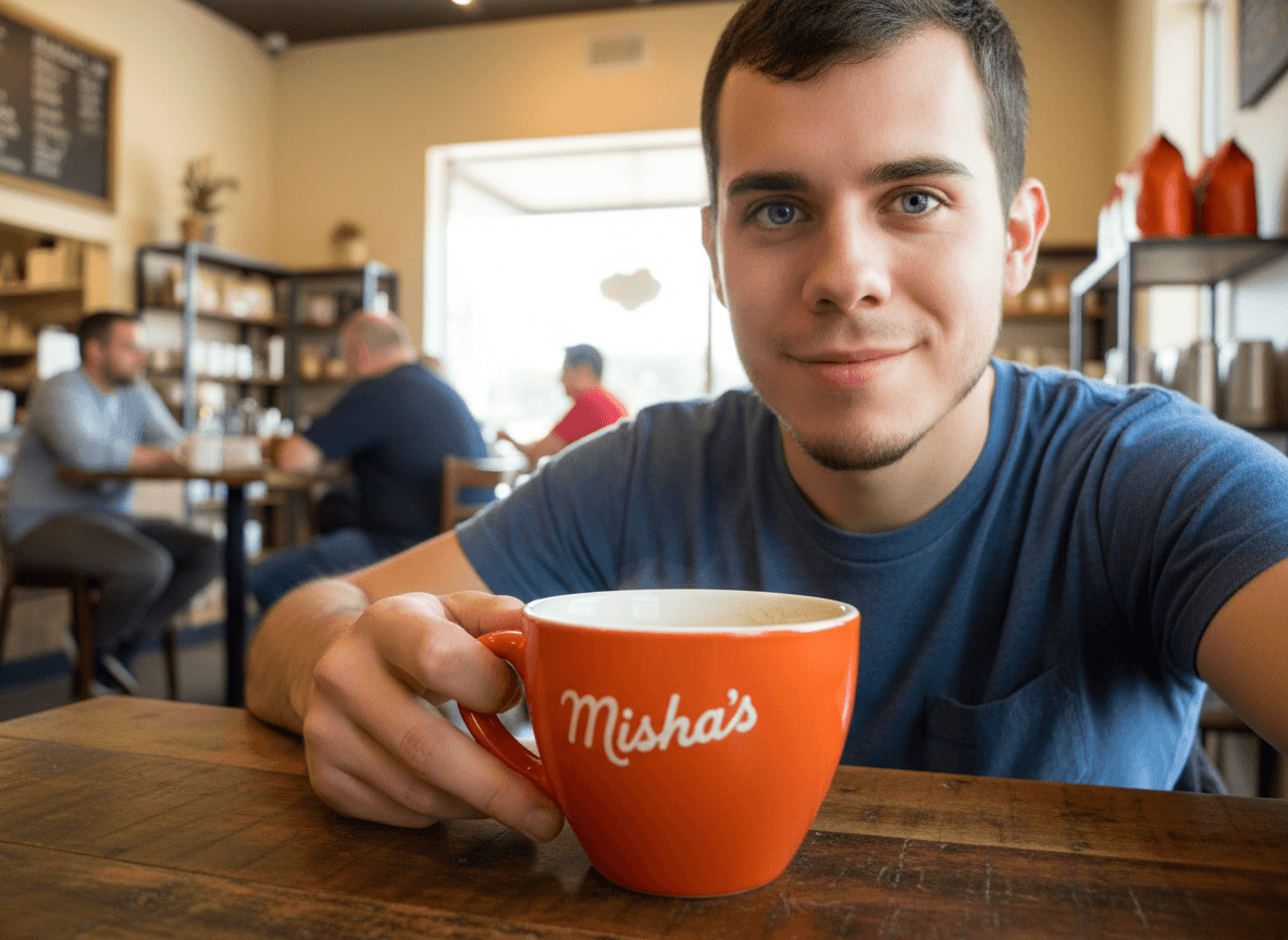AI generated: The guy has blue eyes. He is at a coffee shop. He is grabbing his orange coffee cup. The cup says on...