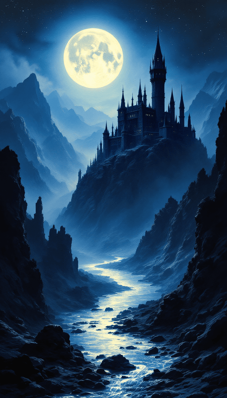AI generated: A gothic fantasy landscape at night featuring a massive, glowing full moon illuminating a dark castl...