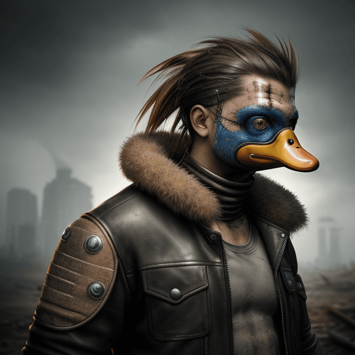 AI generated: Photo of post apocalyptic mutant duck, leather jacket, shaman, ultra-realistic,