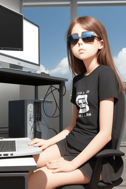 AI generated: A girl is sitting in front of a computer working hard, simple logo designed background, from below, ...