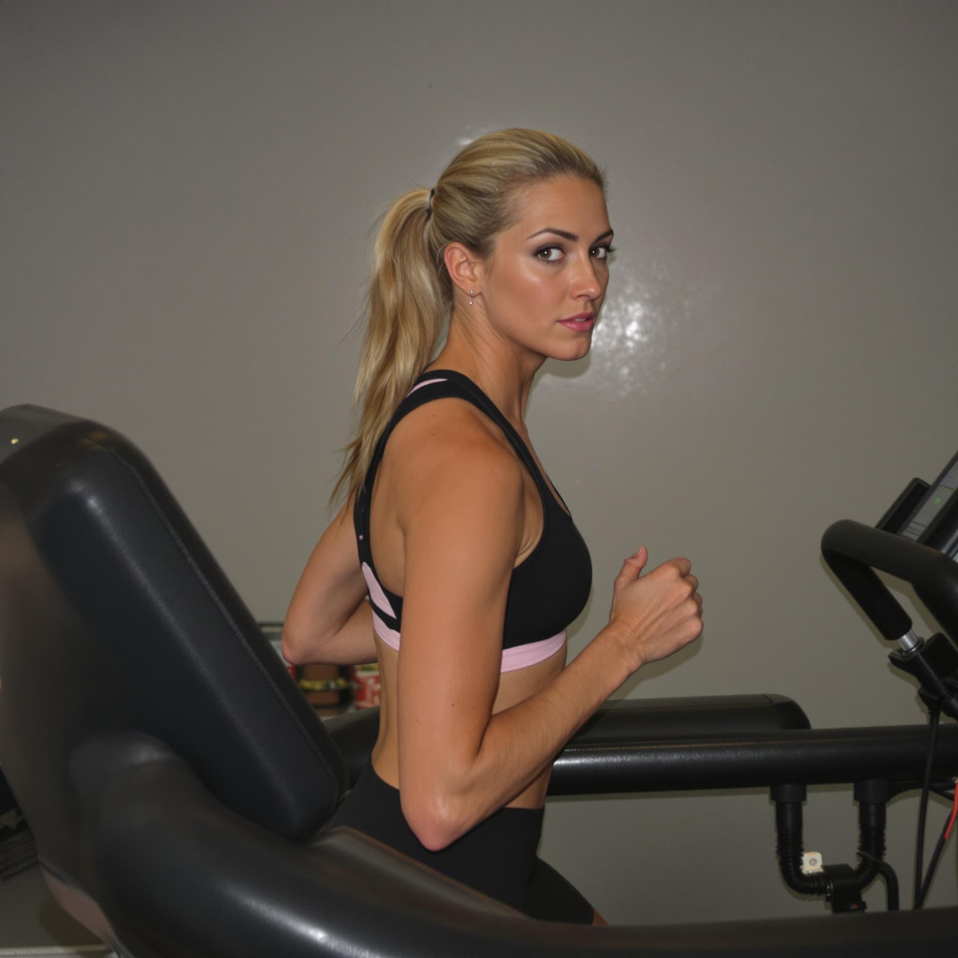 AI generated: A woman is running on a treadmill. She is wearing a black sports bra and her hair is pulled back in ...
