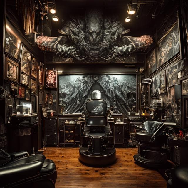AI generated: a tattoo parlor , (detailed stunning environment), cinematic, cover art, (low front angle), full vie...