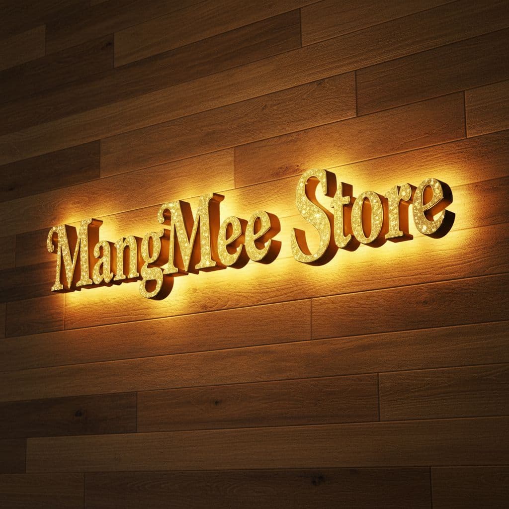 AI generated: สร้างป้ายชื่อ"MangMee Store"พื้นเป็นไม้สีทองคำ ตัวหนังสือสวยสง่าระยิบระยับ เป็น 3D สมจริง