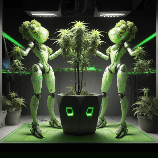AI generated: "Generate a visually stunning image of a cannabis cultivation supervised by 5 humanoid robots. In th...