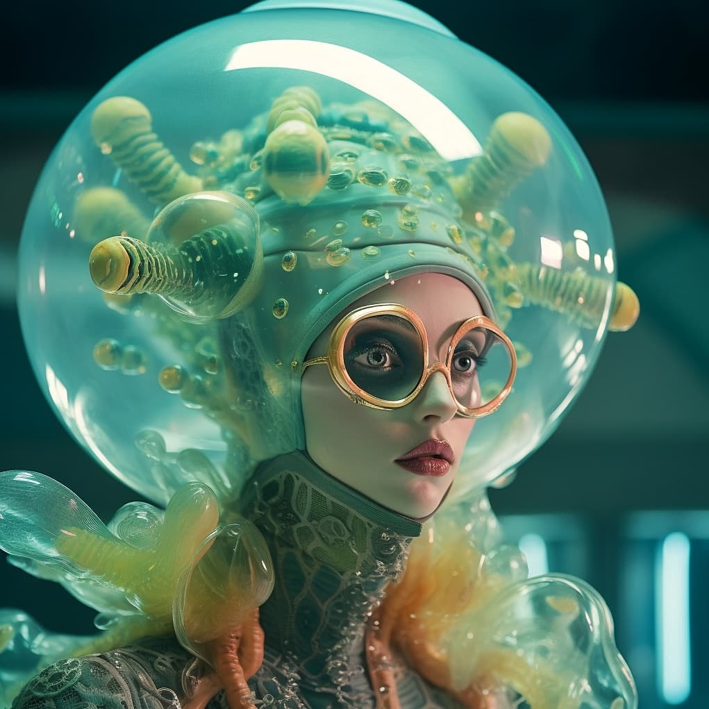 AI generated: female humanoid with scales, exaggeratedly huge eyes, head inside a fishbowl, hair floating, in a li...