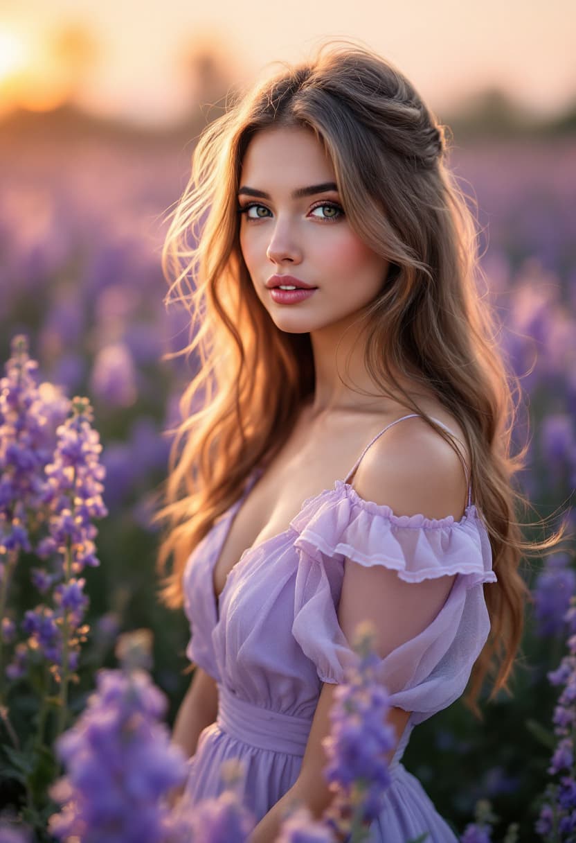 AI generated: A beautiful girl in a lavender dress, in the middle of a field full of purple flowers, with sunset l...
