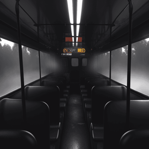 AI generated: bus driver inside the glossy black school bus from behind, no lights, mist, foggy, death<lora:xl_mor...