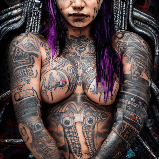 AI generated: Sexy Female Mayan warrior in cyberpunk style, both hands full of tattoos, large breast haunting   in...