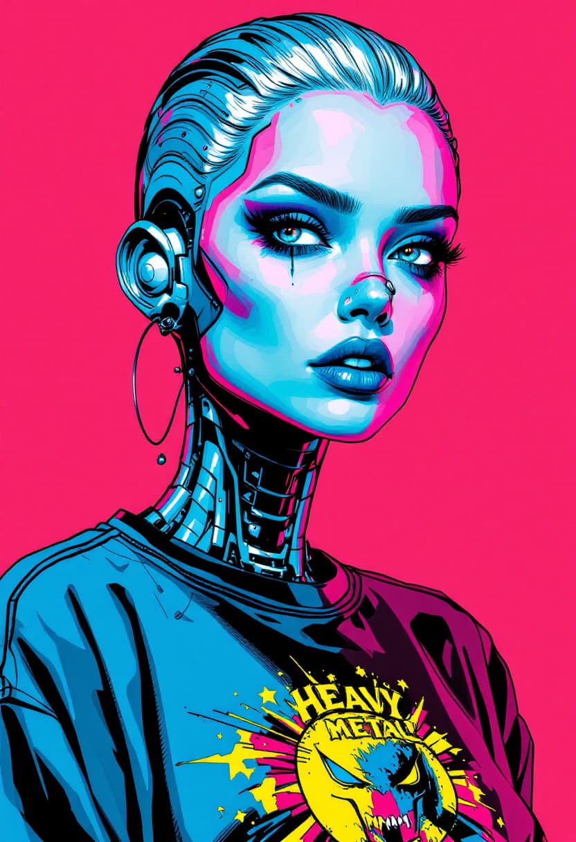 AI generated: as a modern comicbook drawing of a female android with a human face, robotic body, nose ring piercin...