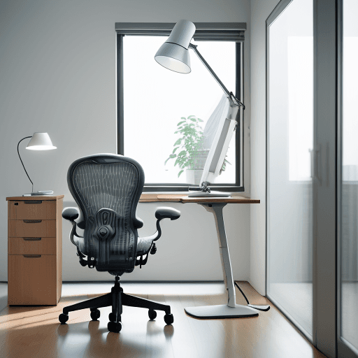 AI generated: Spacious office with frontal view, Herman Miller Aeron chairs,cat on chair Artemide Tolomeo desk lam...