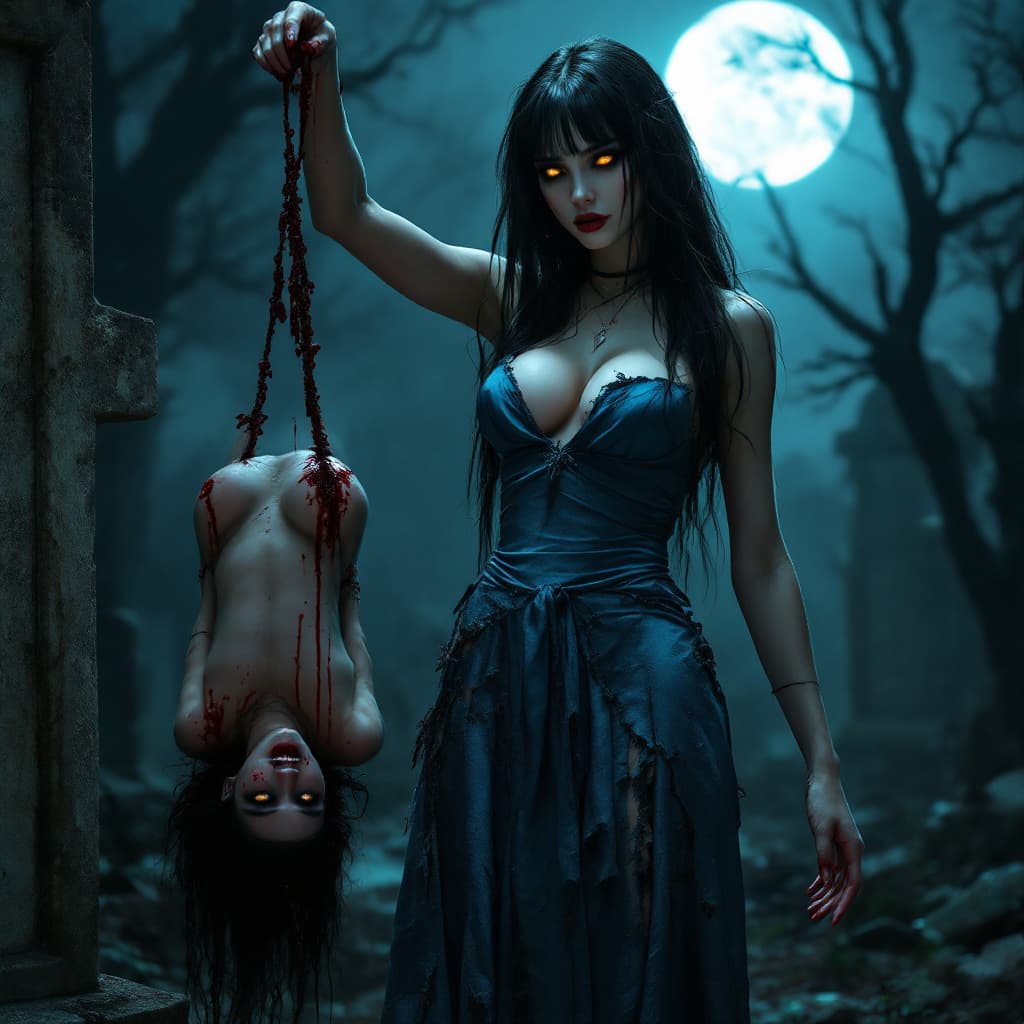 AI generated: A full body HD photo of a tall female vampire standing with body slightly turned to the left in cent...