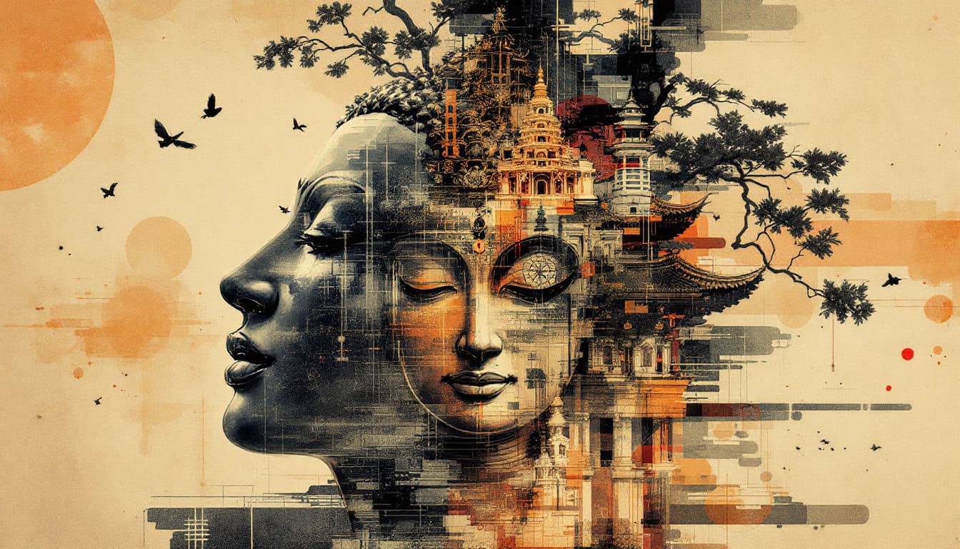 AI generated: A mesmerizing collage-style composition featuring a serene Buddha statue with intricate temple archi...