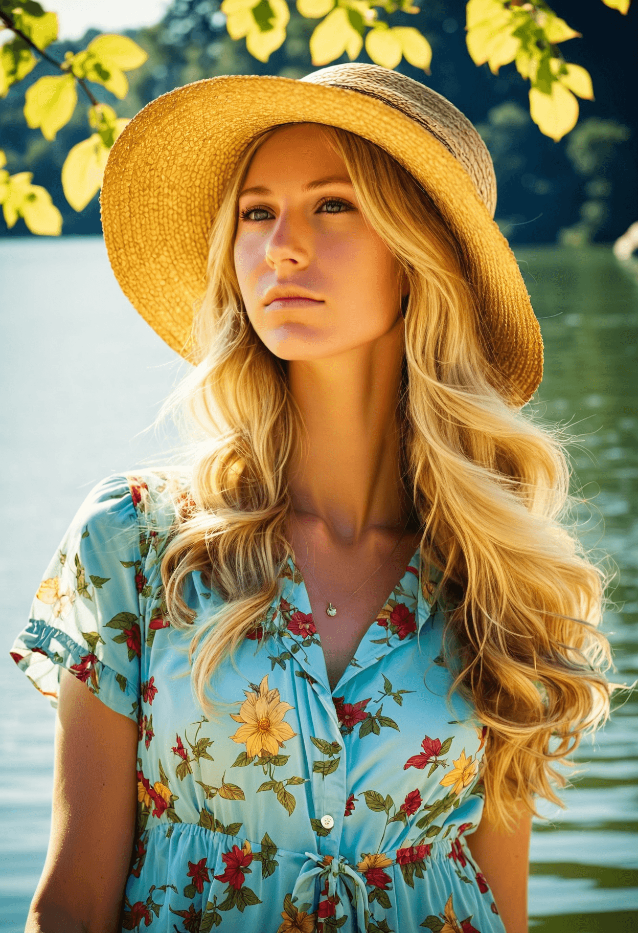 AI generated: iphone photo young beautiful woman with long blonde hair, wearing a straw hat, standing by a lake in...