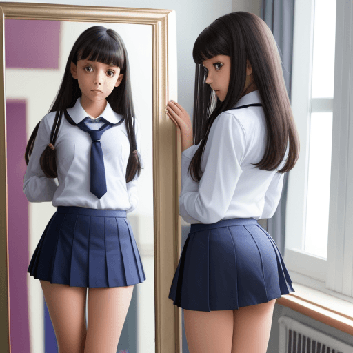 AI generated: girl looking mirror school uniform legs open 