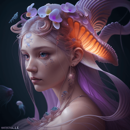 AI generated: Goddess close-up portrait ribcagel. jellyfish phoenix head, nautilus, orchid, skull, betta fish, bio...
