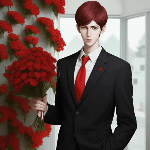 AI generated: A tall boy who is in school uniform and holding red flowers in his right hand