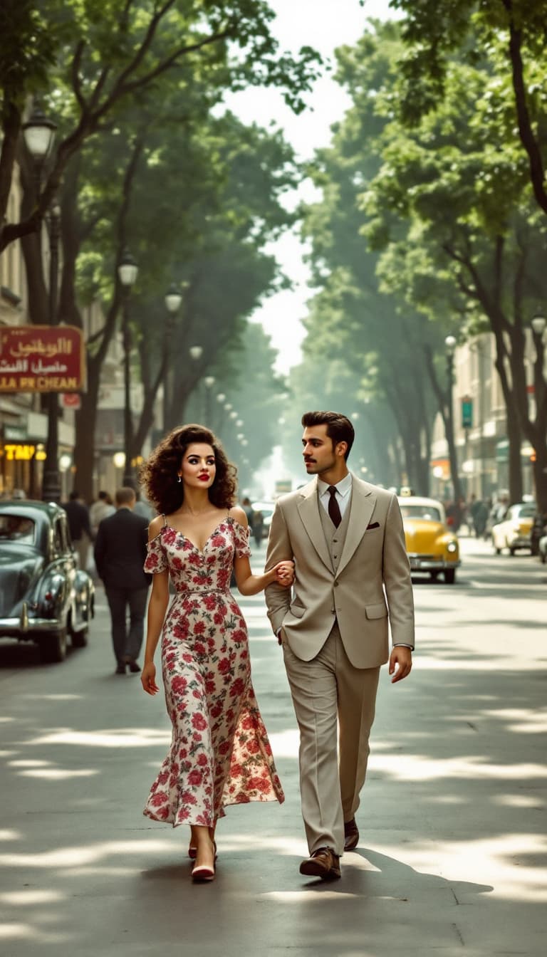 AI generated: A young couple from the 1950s walking along the vibrant and busy streets of Vali Asr Street (formerl...