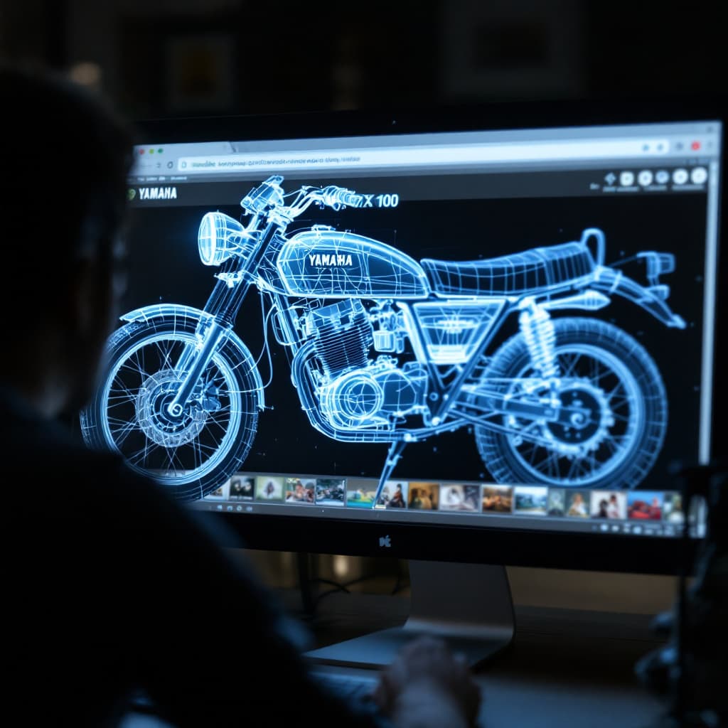 AI generated: Screen capture of someone searching "Yamaha RX 100" online
- Mouse clicks through vintage photos
- S...