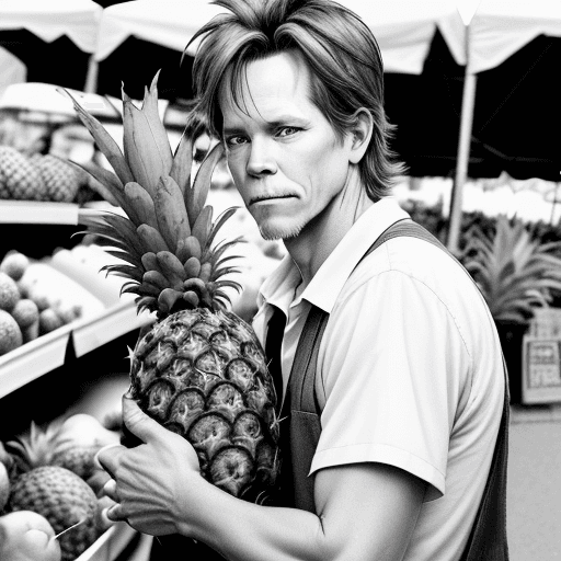AI generated: Black and white coloring image 
of Kevin Bacon at the Farmer's Market holding a pineapple
