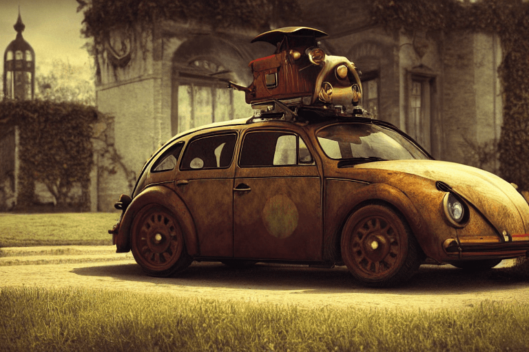 AI generated: steampunk ladybird, vw car, ornamental, landscape, HD, Hyperrealistic, mystic, baroque, octane rende...