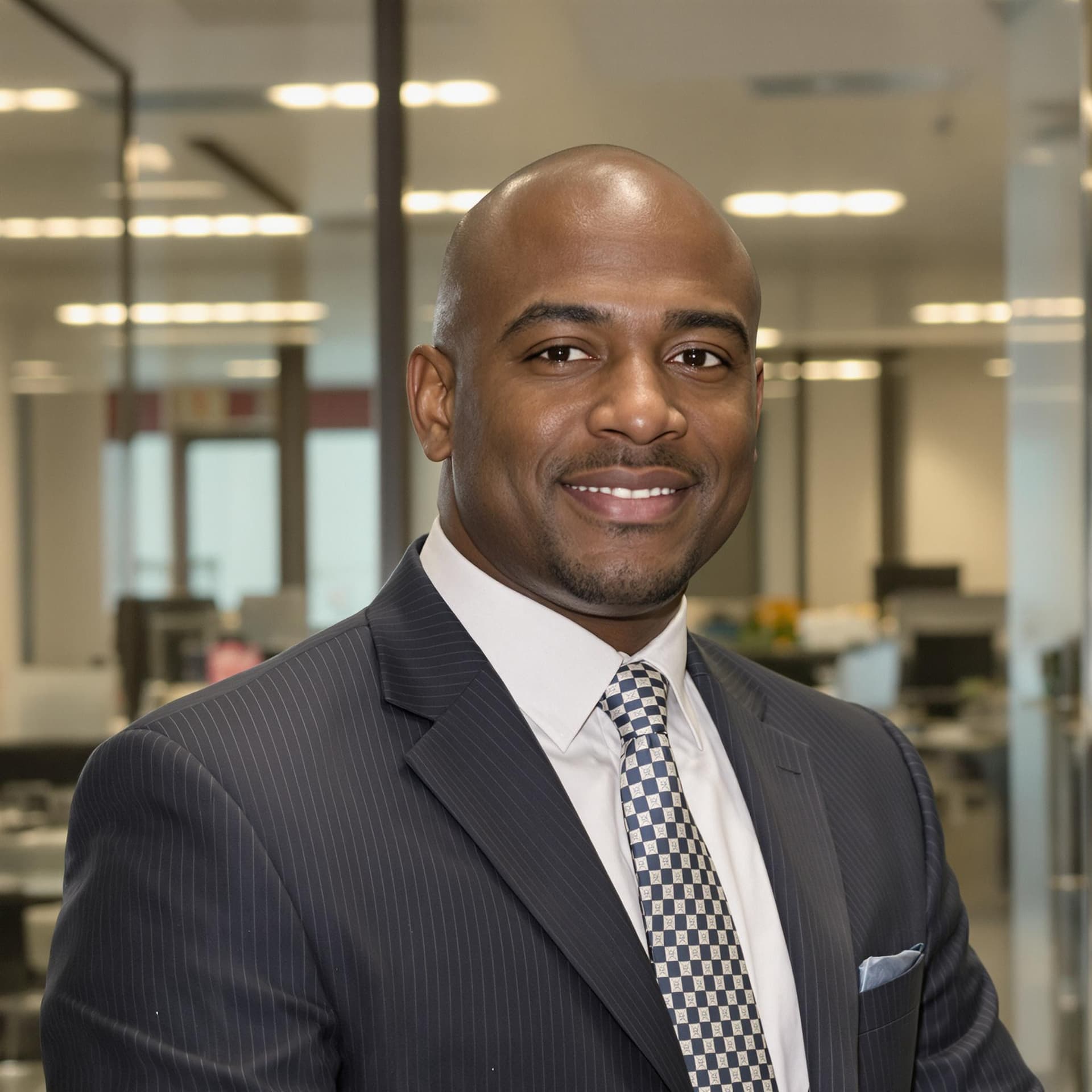 AI generated: clean shaven black business man posing against office background