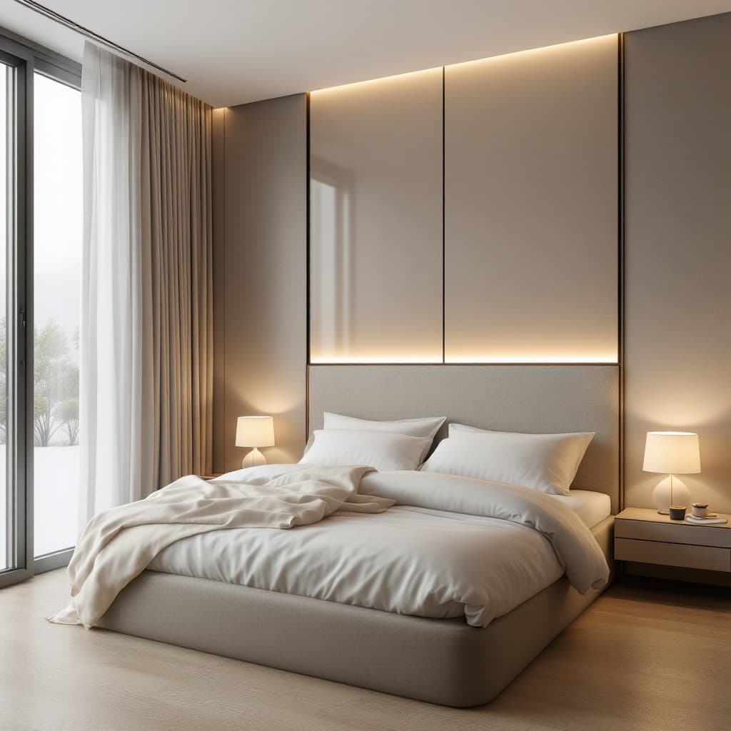 AI generated: tranquil bedroom design that emphasizes minimalism and comfort, clean lines, cosy, featuring a low b...