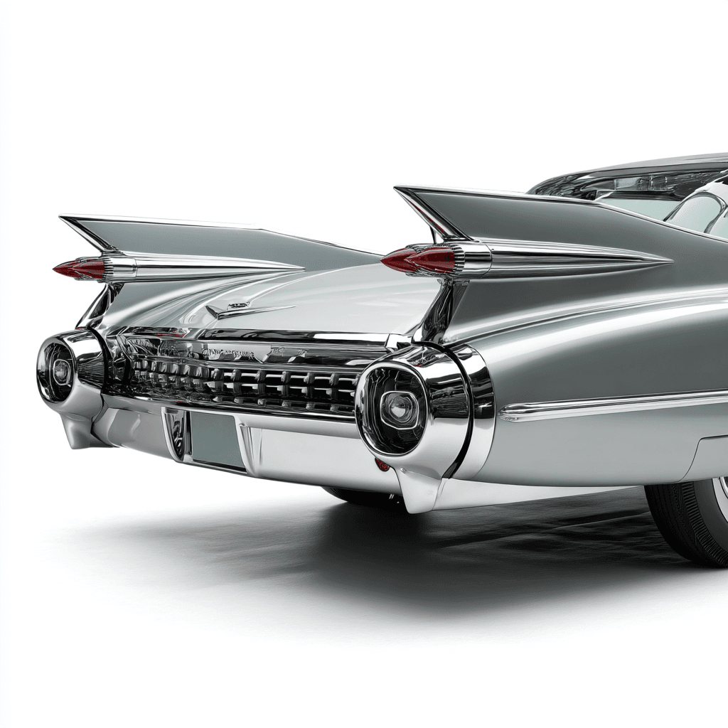 AI generated: vintage 1959 Cadillac Eldorado clipart, showcasing its extravagant tailfins, chrome grille,
and lux...