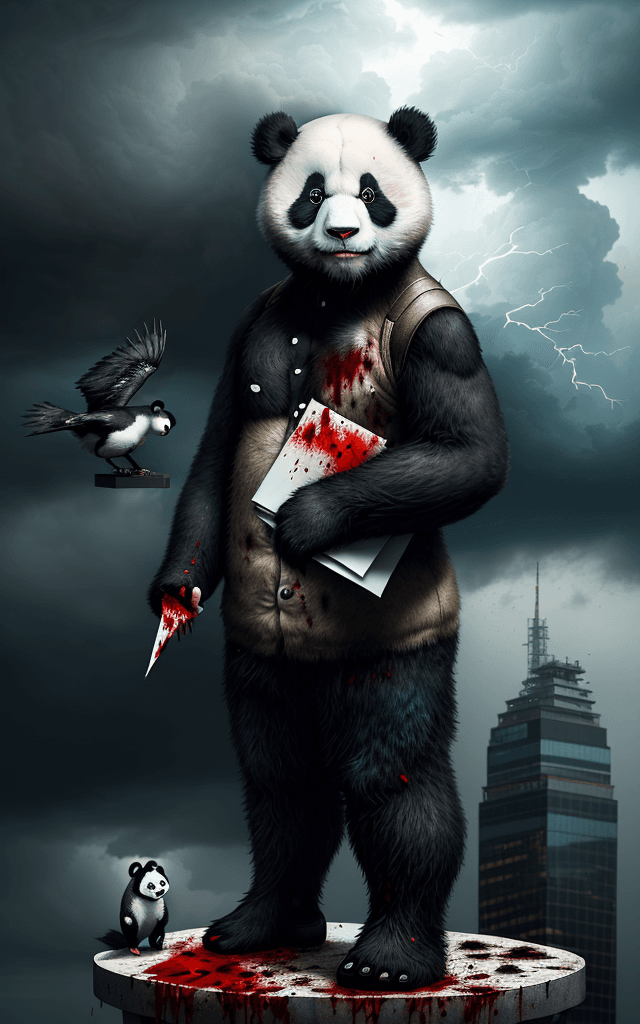 AI generated: a sad panda standing on the top of a skyscraper with a blood-stained letter contemplating life BREAK...