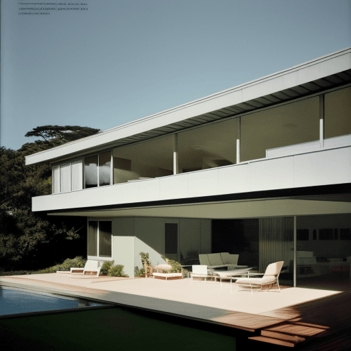 AI generated: Hyper realistic eye level exterior photo of a mid century modern style house overlooking the ocean, ...