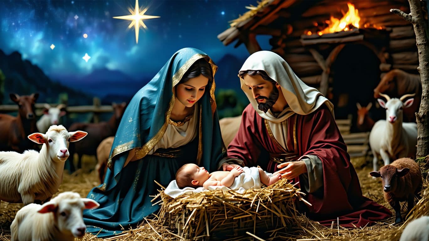 AI generated: Christmas Nativity scene. Baby Jesus on top of the manger. Mary and St. Joseph looking over Baby Jes...
