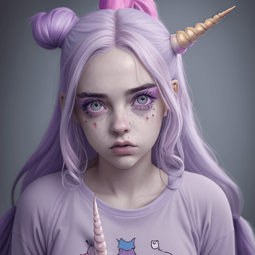 AI generated: Billie Elish dressed with unicorn pijama, atractive, flirting, (((full body visible))), looking at v...
