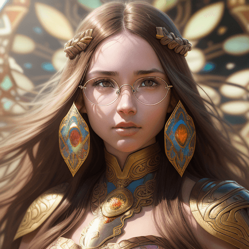 AI generated: beautiful female warrior, long brown hair, Big Forehead, Oval Face, Big big Brown Eyes, glasses, big...