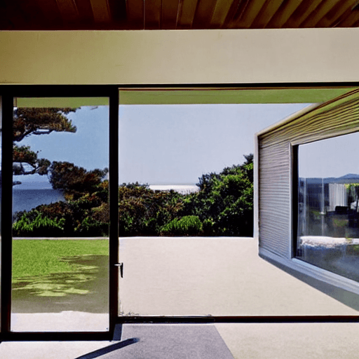 AI generated: hyper realistic eye level exterior photo of a mid century modern style house overlooking the ocean, ...