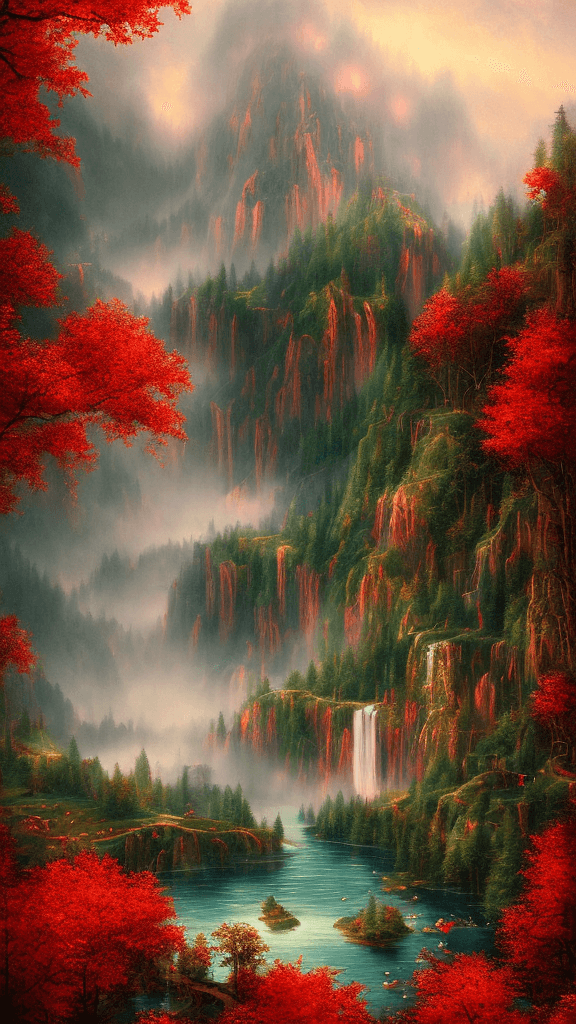 AI generated: summer landscape, red color, Bokeh, the waterfall, fog over the lake, insanely detailed and intricat...