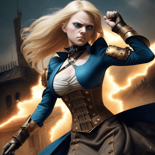 AI generated: She has an angry look on her face. Blonde hair and blue eyes. She wears a steampunk renaissance dres...
