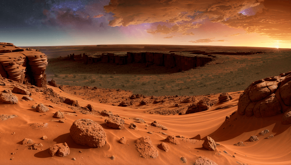 AI generated: Wisps of orange clouds drift across the alien horizon of Arcadia Planitia on Mars, the rusty terrain...