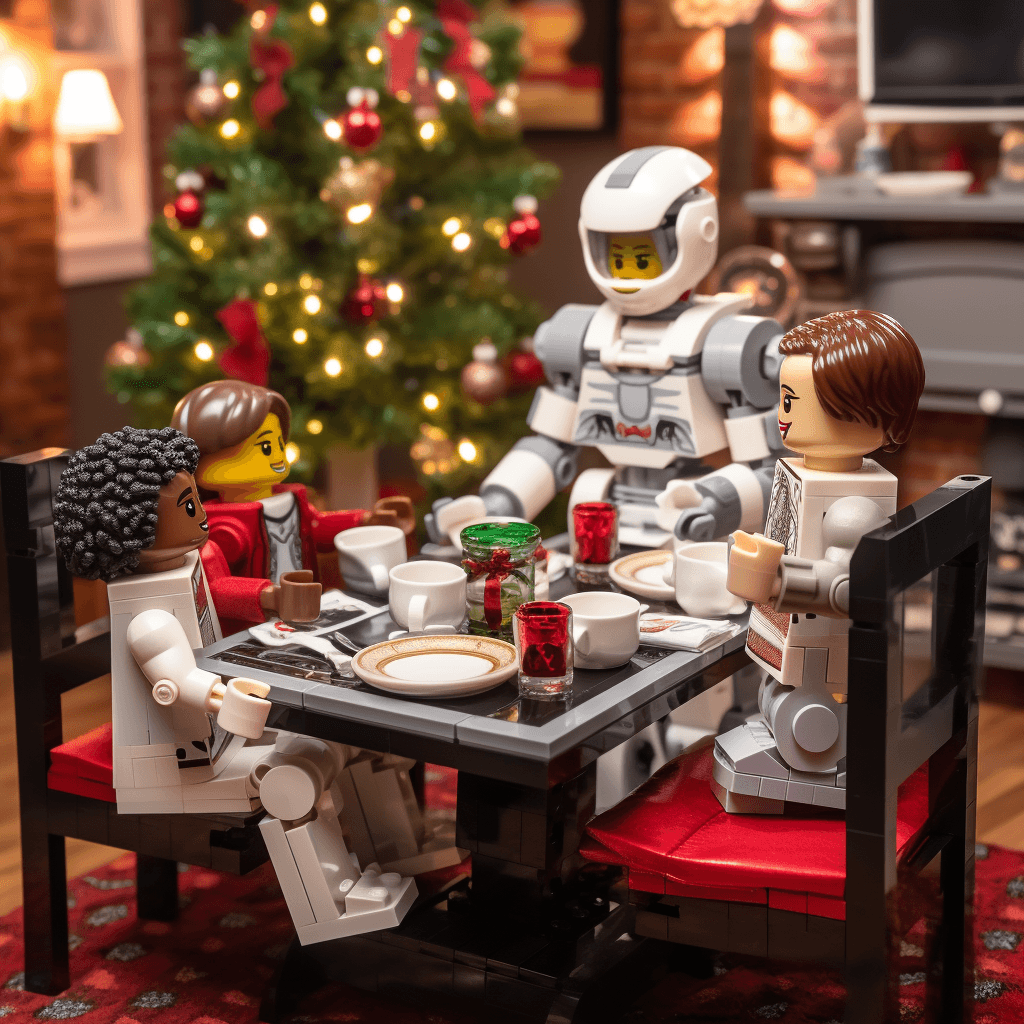 AI generated: A photo-realistic cozy, festive Christmas dinner scene in a warmly lit dining room. The table is bea...