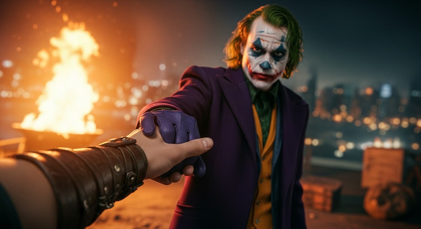 AI generated: He is wearing a dark purple coat, and his face is characteristic of the Joker, with painted makeup a...
