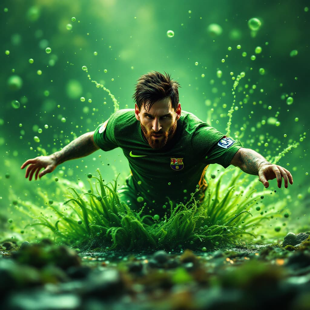AI generated: Lionel Messi drippling around a green martian, 8k, HD, nanites, volumetric lighting