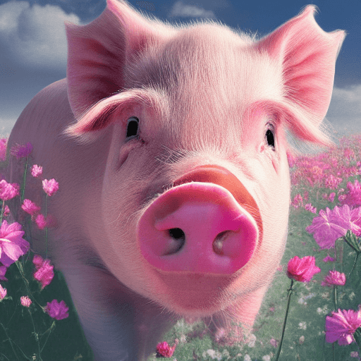 AI generated: a photorealistic portrait of a pig , surrounded by Pink Heaven, beautiful photography, floral border...