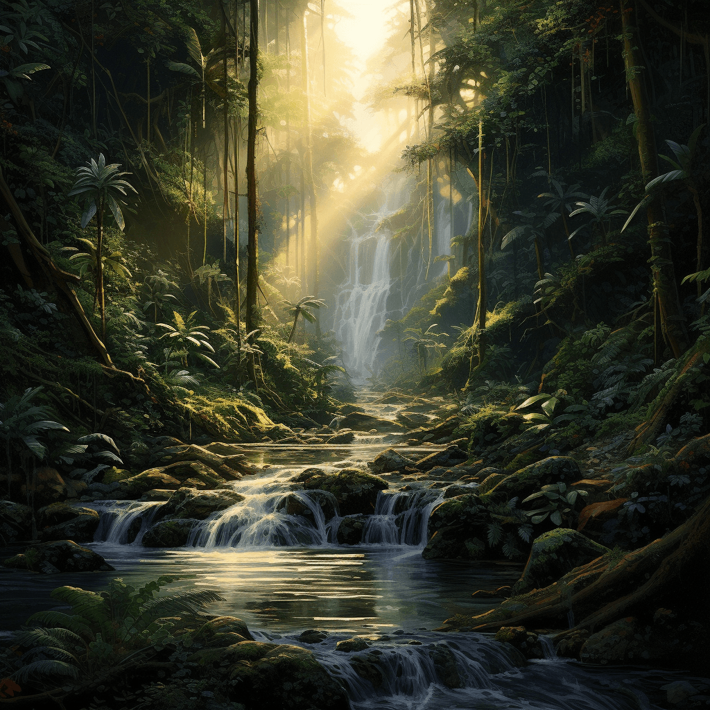 AI generated: A serene waterfall in a lush tropical forest, with sunlight filtering through the canopy, painted in...