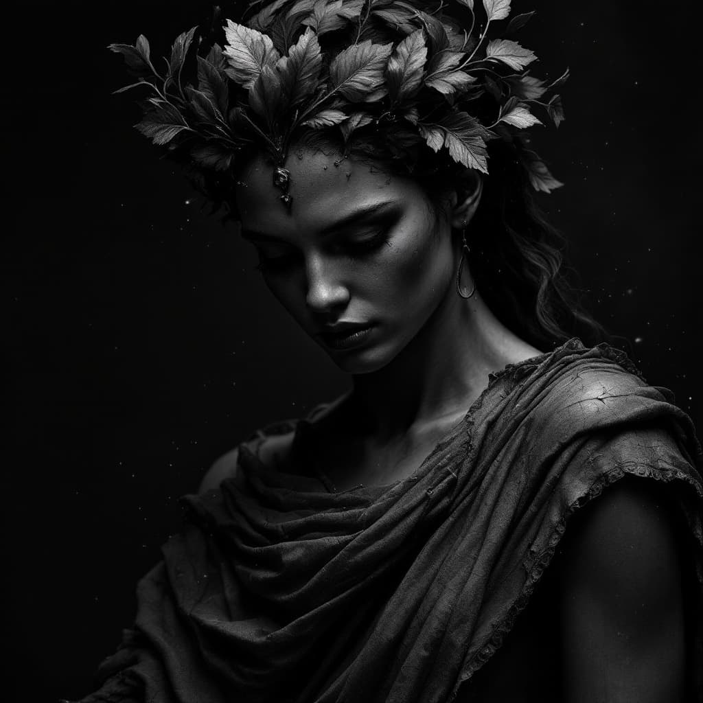 AI generated: full body view, nude greek goddess Aphrodite, fig leaf metal crown, calm, desperate, majestic, wise,...