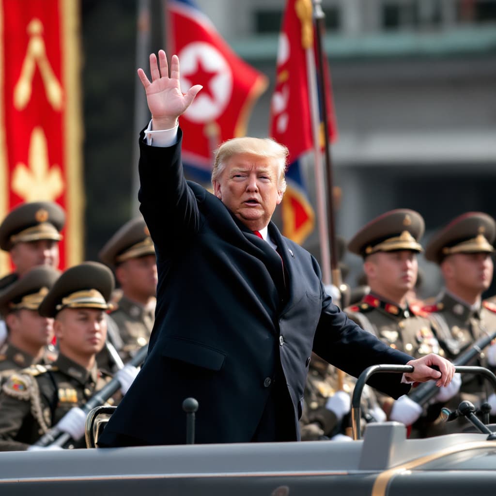 AI generated: Donald Trump during a military parade in North Korea. Rogue state north korea.