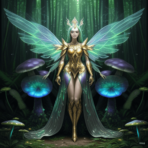 AI generated: Guardian of the shrooms and dmt armored, woman with iridescent, wing-like pauldrons, standing tall a...