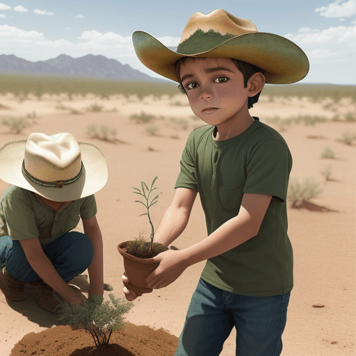 AI generated: Photo of a ultra realistic 
of a boy in green shirt and cowboy hat, planting an acacia tree in the c...