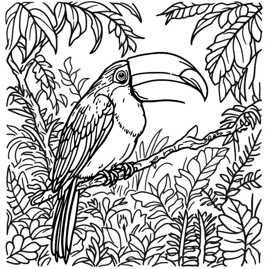 AI generated: Coloring book page,A toucan sitting on a vine in the rainforest, no color