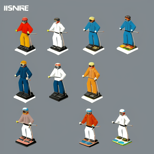 AI generated: a series of vintage skiers are shown in isometric fashion, in the style of small brushstrokes, white...