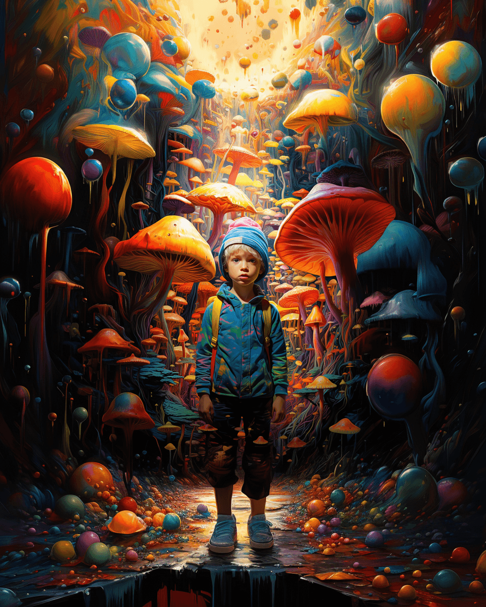 AI generated: pop surrealistic painting of a little boy in the middle of colourful mushroom forest, strong use of ...