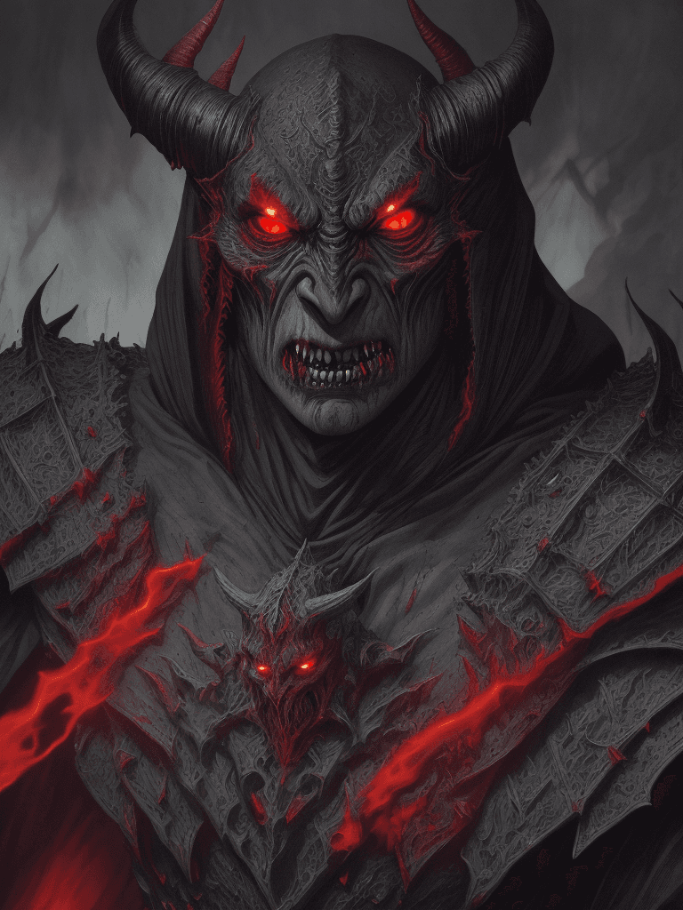 AI generated: medium close up, stunning illustration of a demonic warrior in black medieval armor, nosferatu zodd ...