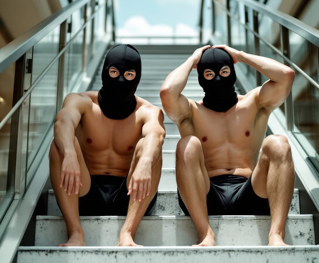AI generated: Two male Chinese strong swimmers wearing compression jammers swimsuits were arrested in day time. Th...